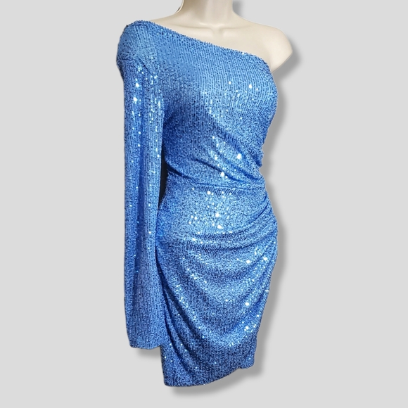 NWT Fashion Nova Blue First Strike Sequin One Shoulder Mini Dress - Picture 4 of 12